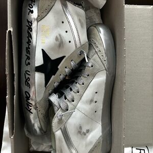 Golden Goose White & Silver Mid Star Sneakers with Black Star